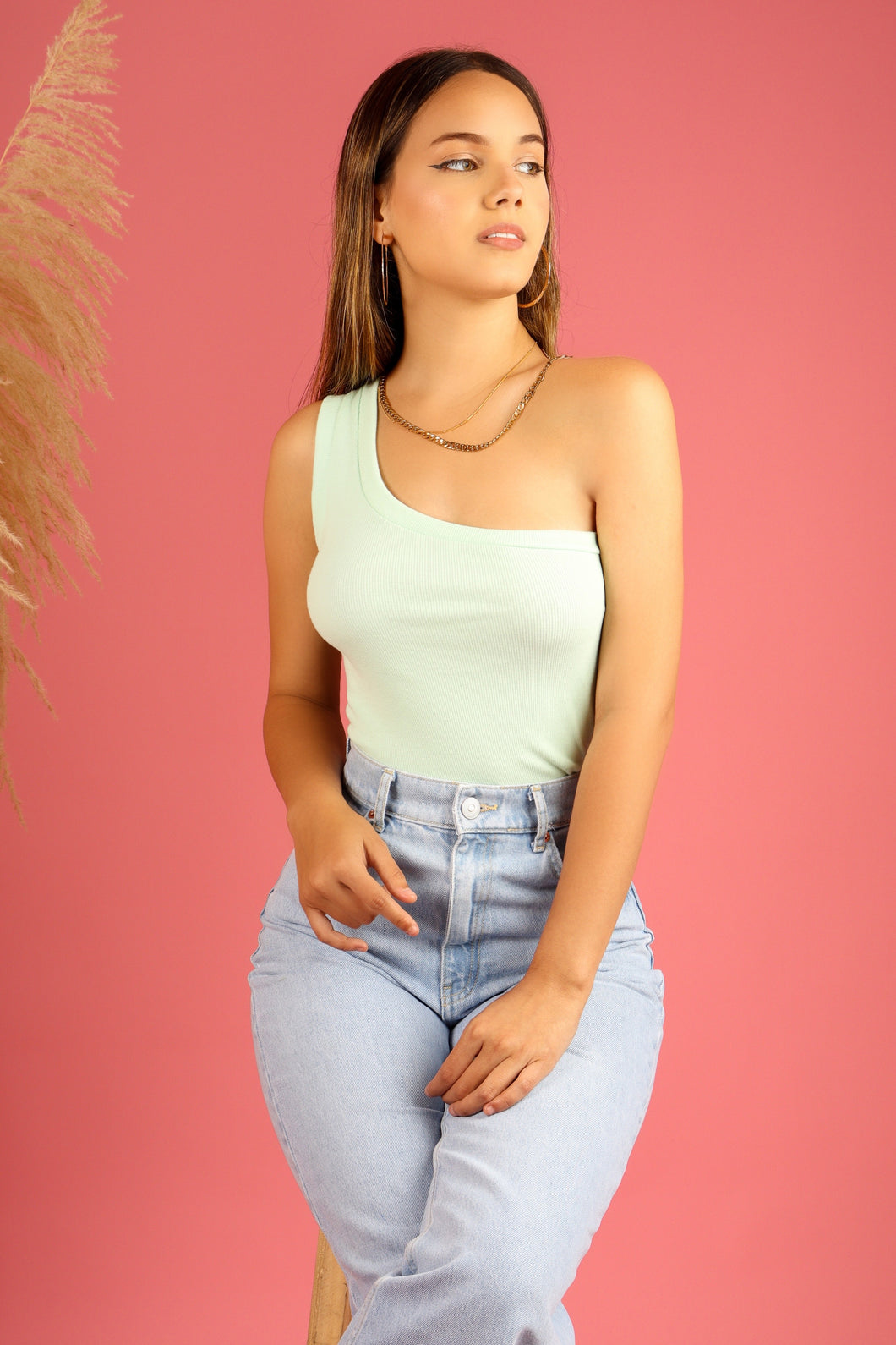 Ribbed top one shoulder Verde limón bb